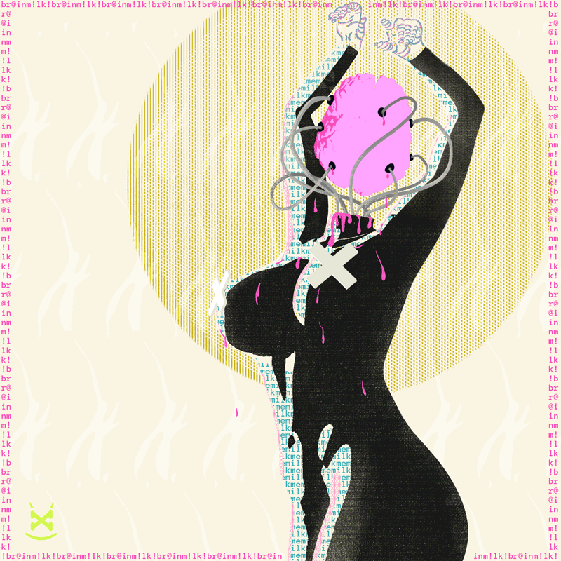 a feminine silhouette w a floating brain and tubes hooked up