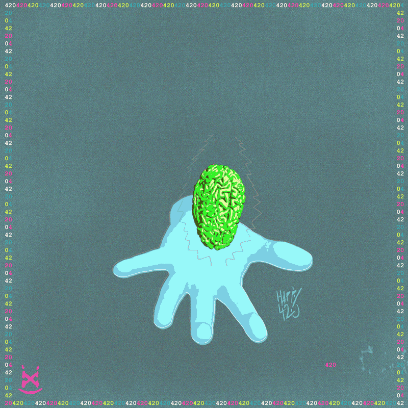 a flashing hand holding a green brain