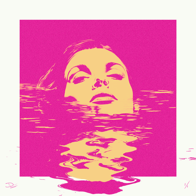 cut out portrait of a woman's face sticking above pink water