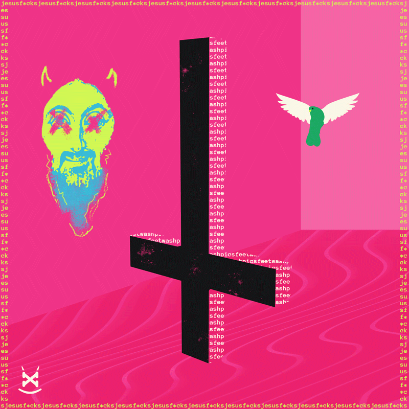 an upsidedown cross w a jesus face and dove on opposite sides