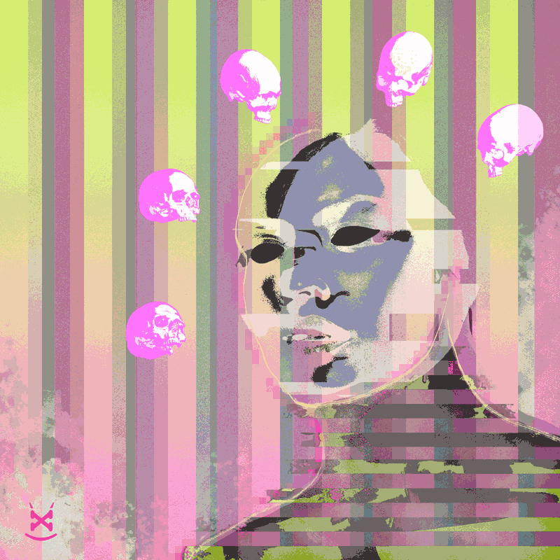 a portrait of a female face glitched out with 5 skulls surrounding her
